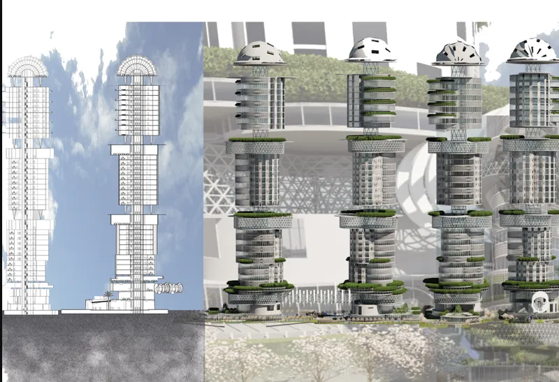 Elevation drawing and renderings showing towers with alternating planted terraces and latticed structural bands