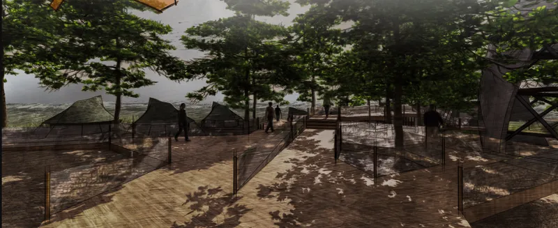 Panoramic view of a timber deck plaza with glass railings and pavilion roofs among scattered trees