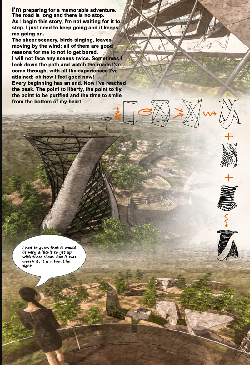 Rendered aerial perspective showing a latticed observation tower rising above a forested riverside site