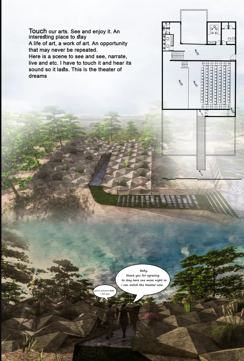 Section drawing and rendered view showing an amphitheater with pyramidal seating steps beside a reflecting pool
