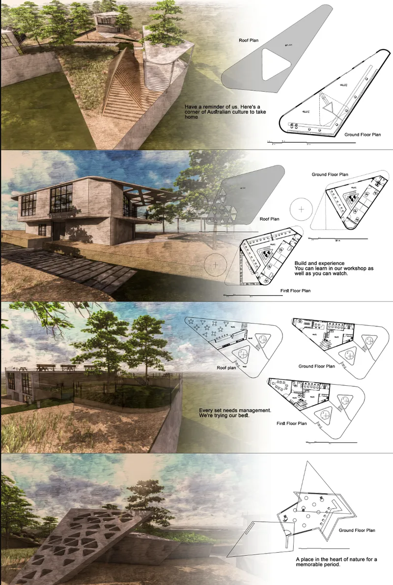Presentation board with floor plans and rendered views of triangular pavilions on a waterfront site