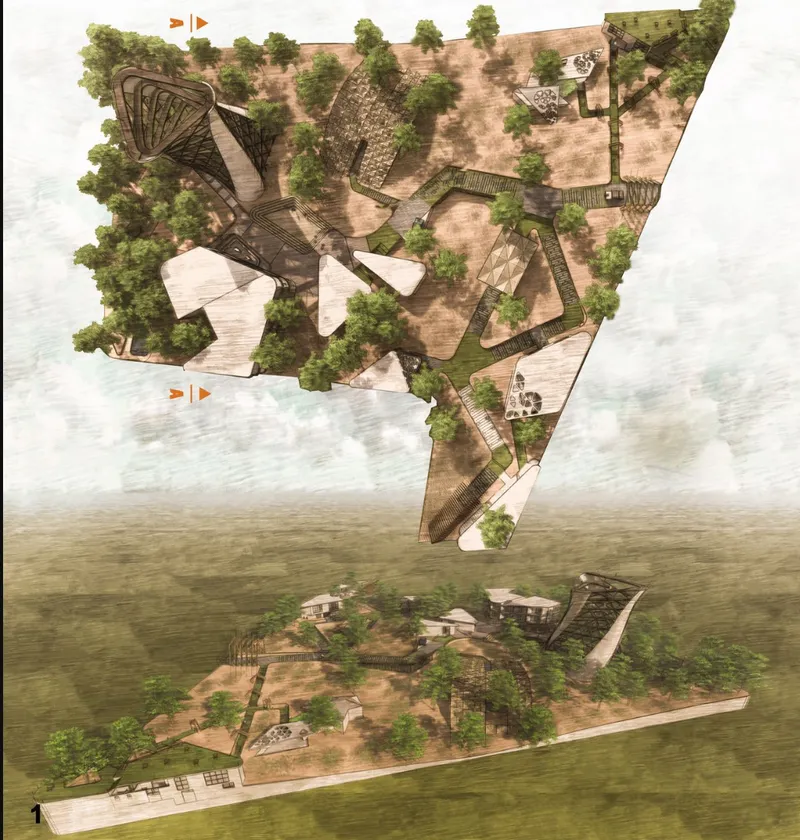 Axonometric drawing showing a waterfront site plan with scattered pavilions and planted areas among trees