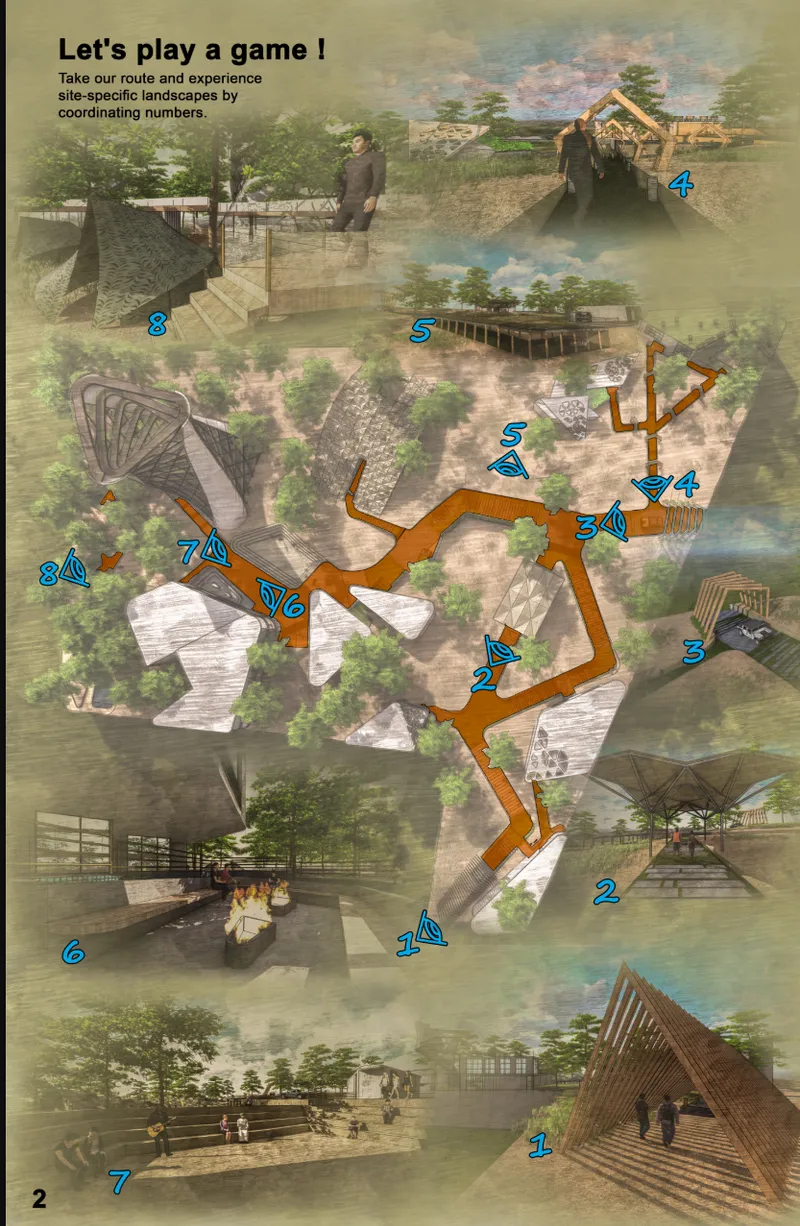 Illustrated site plan with numbered wayfinding route overlaid on aerial views of pavilions and landscaping