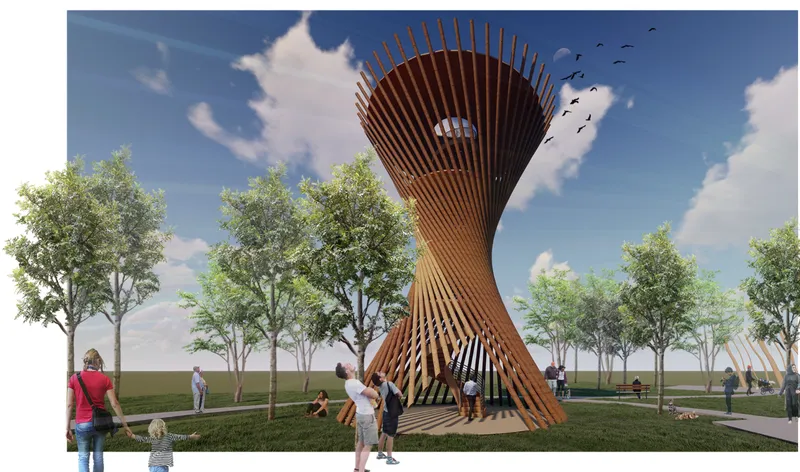 Twisted timber pavilion structure with radiating vertical slats in a park with visitors and birds overhead
