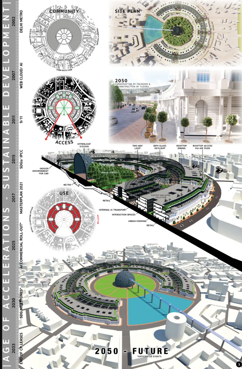 Composite board displaying diagrams, site plan and axonometric projections of circular development with green roofs and water features