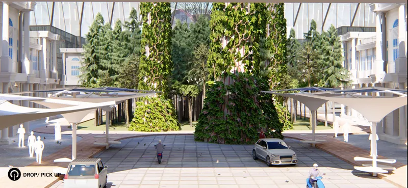 Courtyard view with vertical green walls rising between white canopies and people walking on paved surface