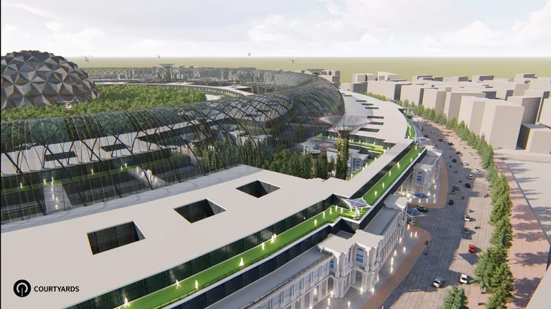 Aerial perspective showing curved glazed structure with diagonal structural grid next to tiered courtyard buildings