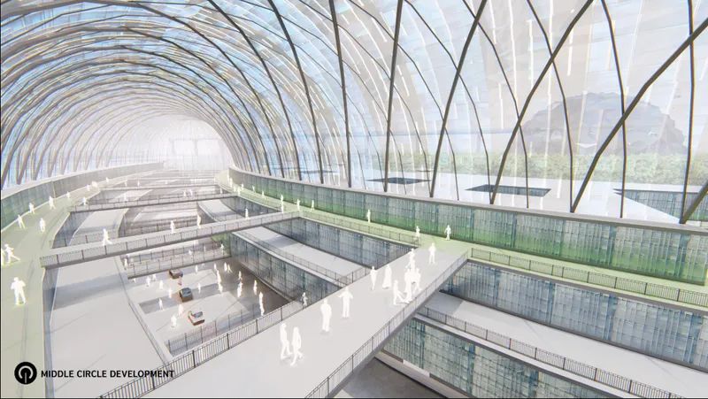 Interior view beneath arched glass and steel roof structure with people walking between planted courtyards