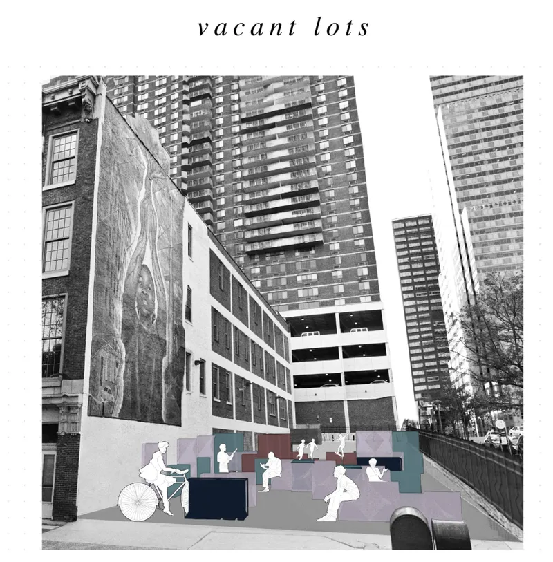 Photomontage showing proposed street seating installation with silhouetted figures beneath residential towers