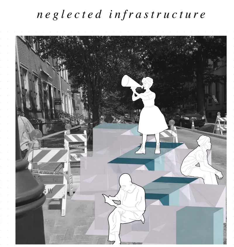 Photomontage of proposed pedestrian platform with geometric paving and figure silhouettes at a tree-lined crosswalk