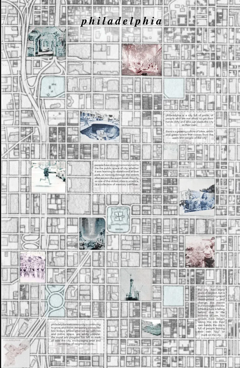 Site plan drawing overlaid with watercolor vignettes and annotations on a gridded street map