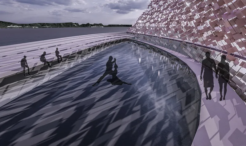 Curved walkway beneath a fragmented copper screen wall with silhouetted visitors and water beyond