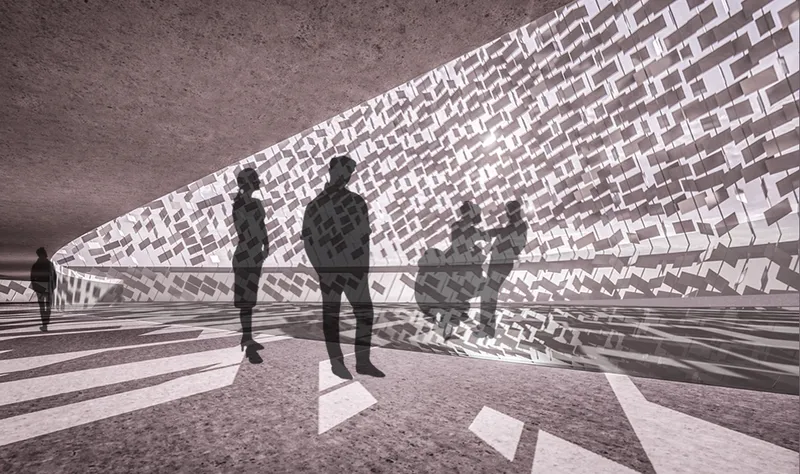 Interior view under a pixelated canopy casting geometric shadows on visitors standing below