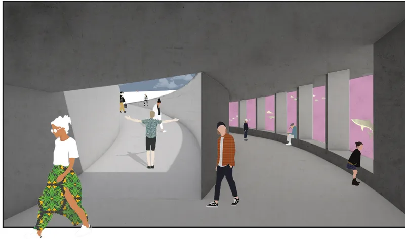 Interior perspective of a curved gallery with visitors viewing pink window openings set into concrete walls