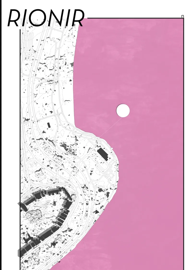 Site plan drawing showing a curved peninsula extending into pink water with scattered vegetation and buildings