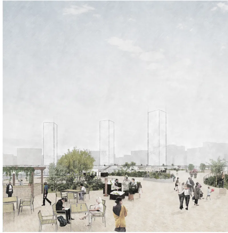 Rendering of an open plaza with cafe seating, pedestrians, and three tall towers rising beyond