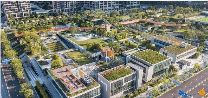 Aerial view of multiple green roofs and planted terraces surrounding residential towers in daylight