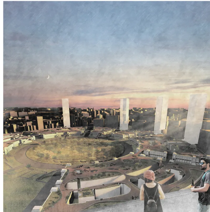 Collaged rendering showing terraced landscape with circular plaza overlooked by vertical white columns at dusk
