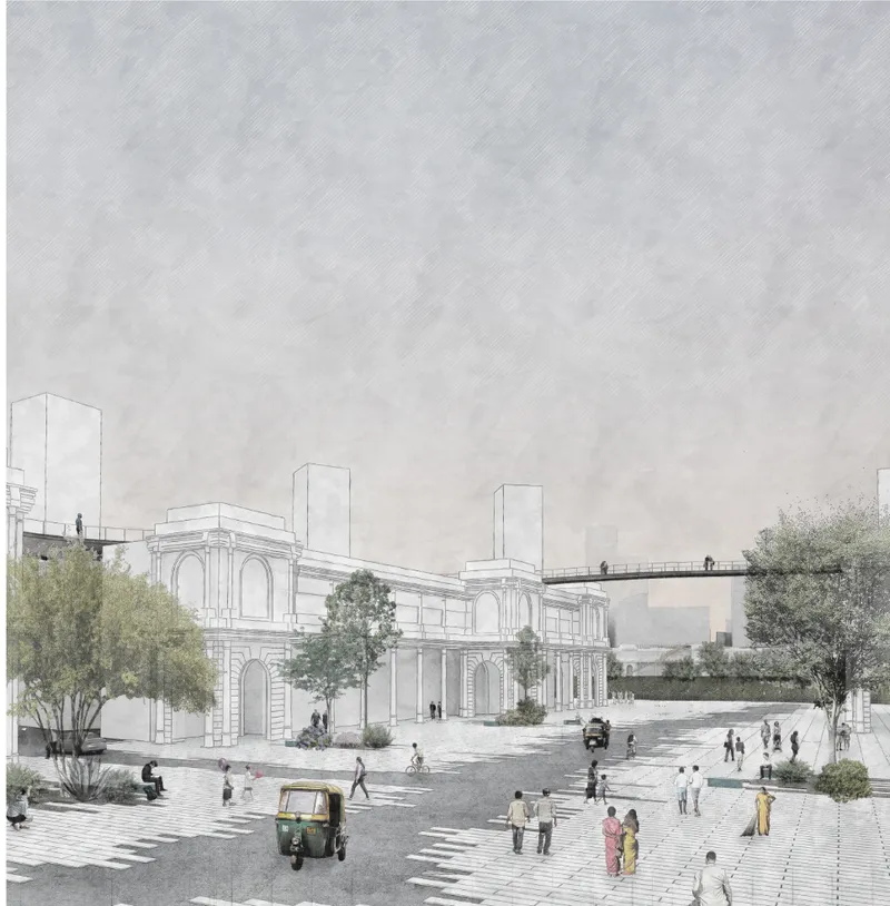 Rendering showing a public plaza with pedestrians, auto-rickshaws, and a line-drawn heritage facade against towers
