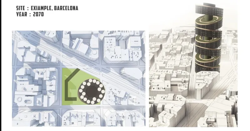 Site plan and aerial perspective rendering showing a cylindrical tower within an urban block