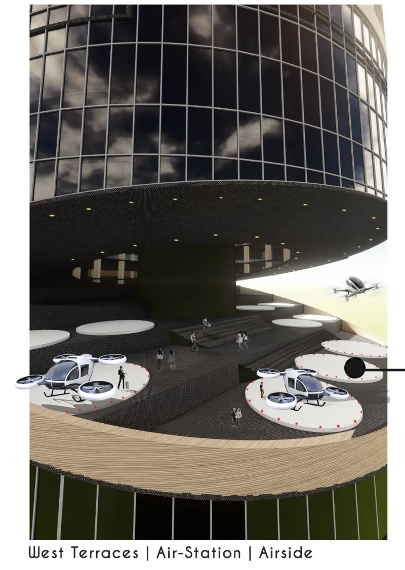 Ground level terrace with circular landing pads for helicopters beneath the curved glass facade