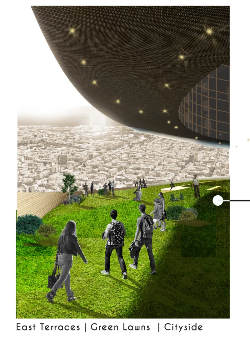 Grass-covered terrace with people walking beneath the underside of a cantilevered tower volume at dusk