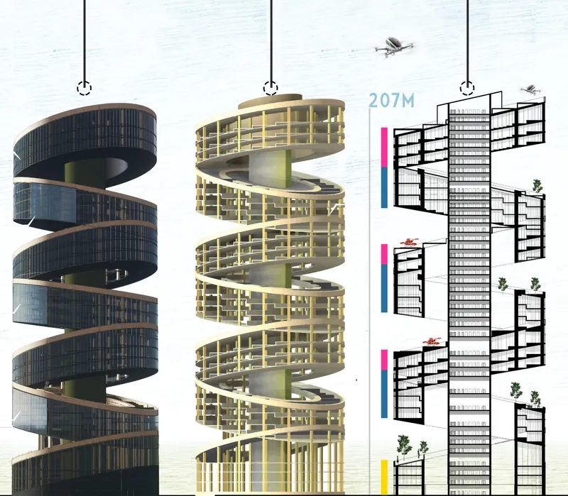 Section drawings showing the helical stacked floors alongside rendered exterior and structural views with helicopters
