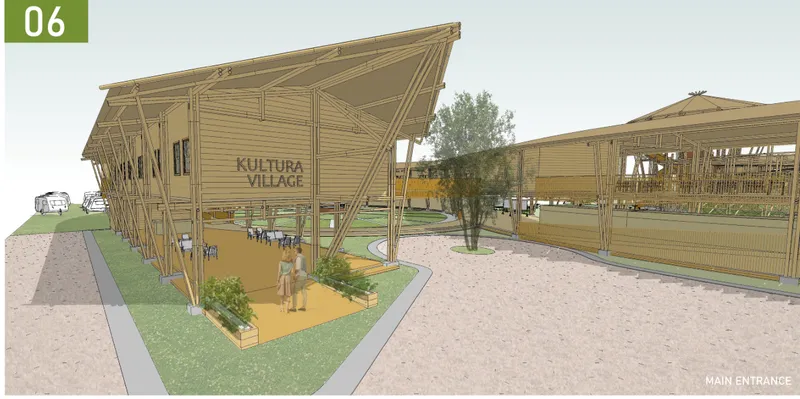 Exterior rendering of the main entrance pavilion with angled timber supports and scattered trees in open landscape
