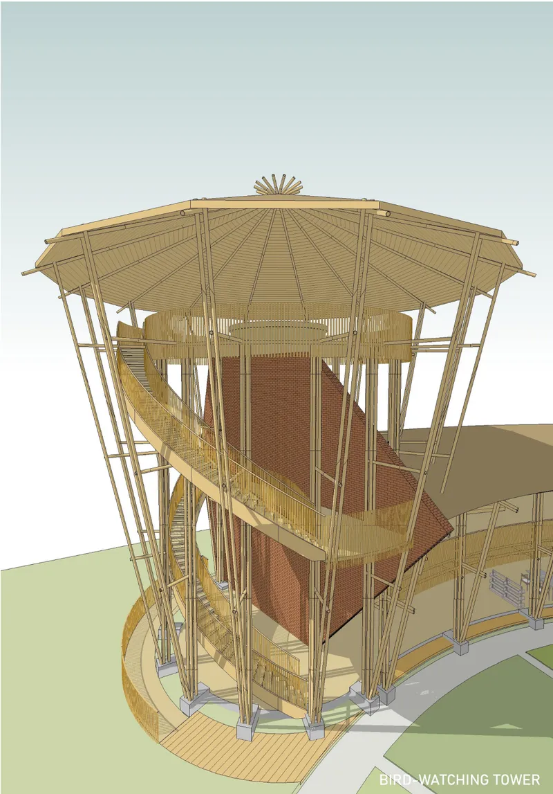 Axonometric drawing of a circular tower with angled timber columns supporting a canopy roof and spiraling ramp
