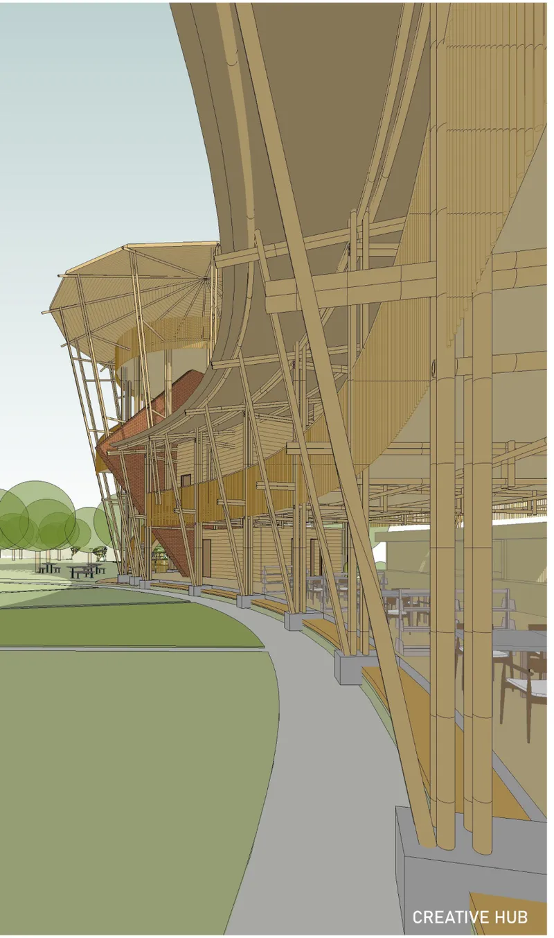 Perspective rendering showing timber structural columns and the elevated walkway connecting multiple pavilions