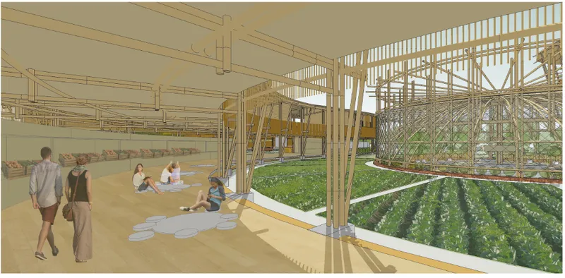 Interior view of visitors seated beside raised planting beds within a timber-framed greenhouse structure