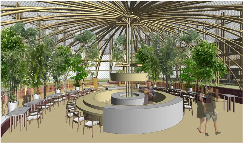 Central gathering space with radiating timber roof beams, circular counter and potted trees beneath a glazed canopy