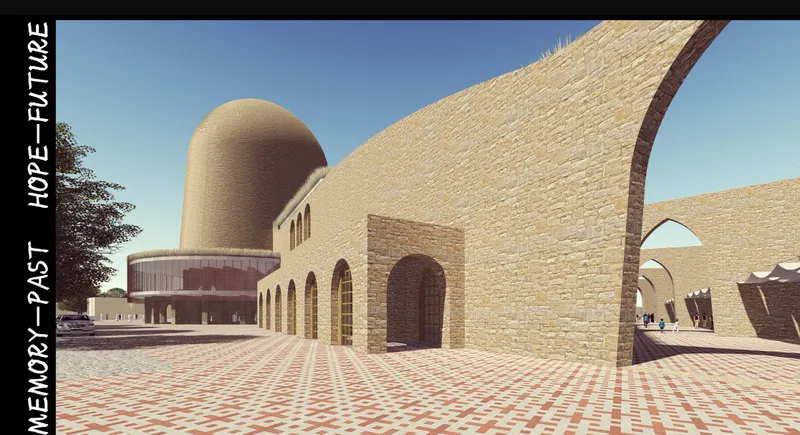Oblique view showing the domed volume alongside the canted brick wall and arched openings