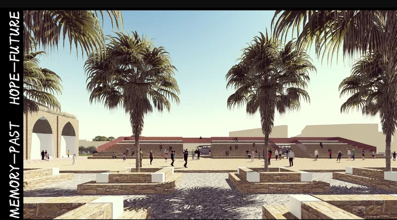 Plaza view framed by palm trees with low brick volumes and planted beds in sunlight