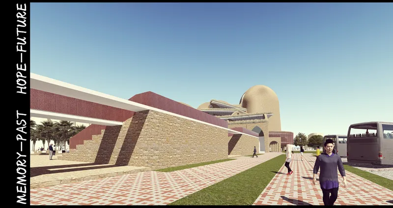 Perspective along the paved plaza with grassed embankment and visitors walking at midday