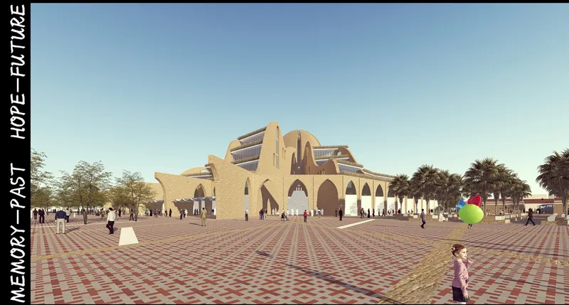 Wide view of the entrance plaza with arched colonnade and visitors with balloons at dusk