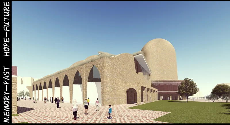 Arched colonnade along the paved plaza with the cylindrical tower and lawn beyond