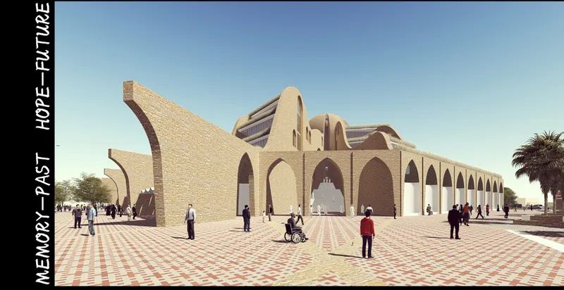 Exterior view of the brick facade with pointed arches and tilted masonry wing under clear sky