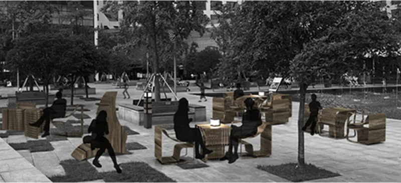 Public plaza with people seated at modular timber furniture clusters on individual carpet patches beneath trees