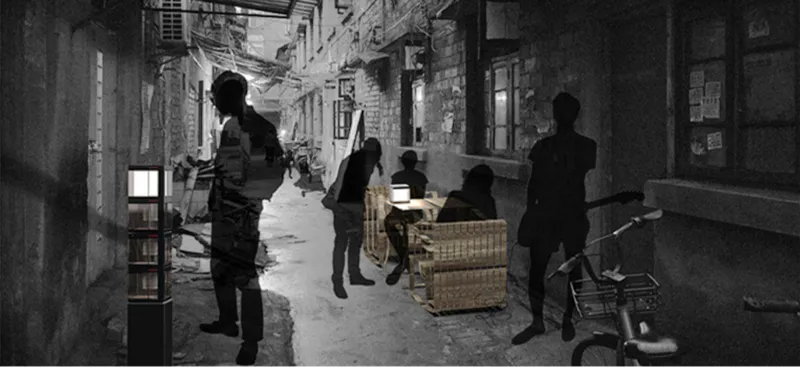 Narrow residential alley at dusk with people gathered around illuminated portable furniture units and bicycles