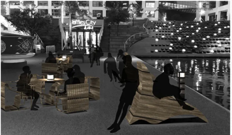 Evening view of waterfront plaza with people using illuminated furniture near reflecting pool and stepped seating wall