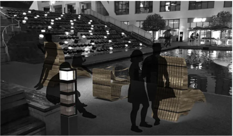 Night view of courtyard with people moving woven furniture near pool and illuminated stepped amphitheater backdrop