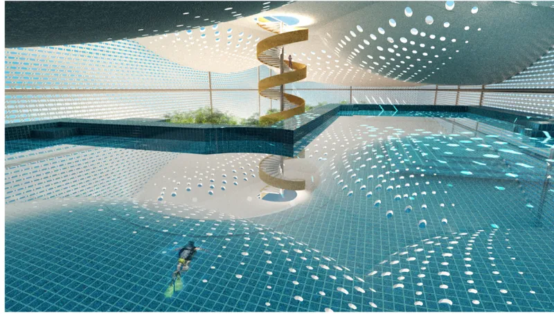Interior pool with blue tile, spiral stair, and perforated ceiling casting patterned light and shadow
