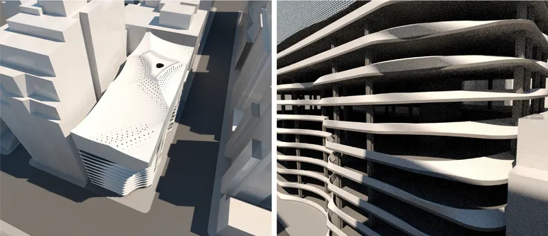 Physical model showing the undulating rooftop and curved balcony details of the layered tower structure