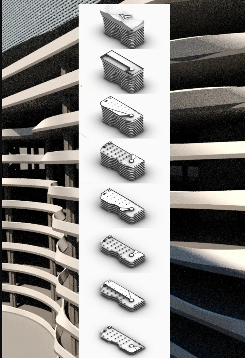 Axonometric drawing showing eight stacked floor plates with varying rooftop pool and garden layouts