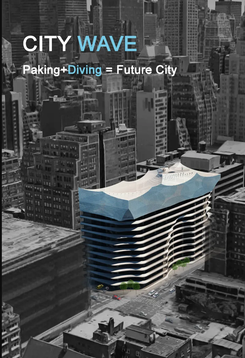 Aerial view of a horizontally banded tower with undulating rooftop amid surrounding urban blocks