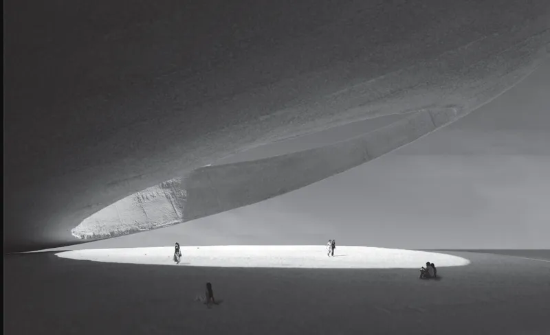 Concrete vault interior with visitors standing in pools of natural light from above