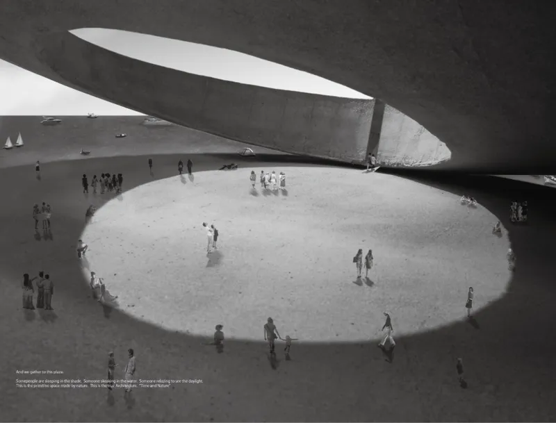 Curved concrete ceiling framing an elliptical opening with visitors gathered on the sandy floor below