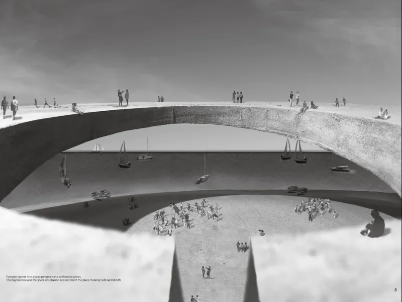 Section drawing showing a vaulted roof bridging over water with sailboats and people on both levels