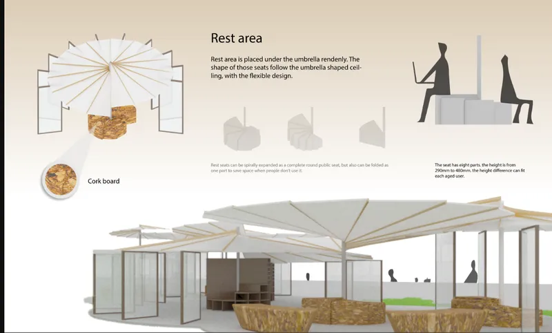 Axonometric rendering of a rest pavilion with umbrella-form canopy and cork seating beneath timber structure